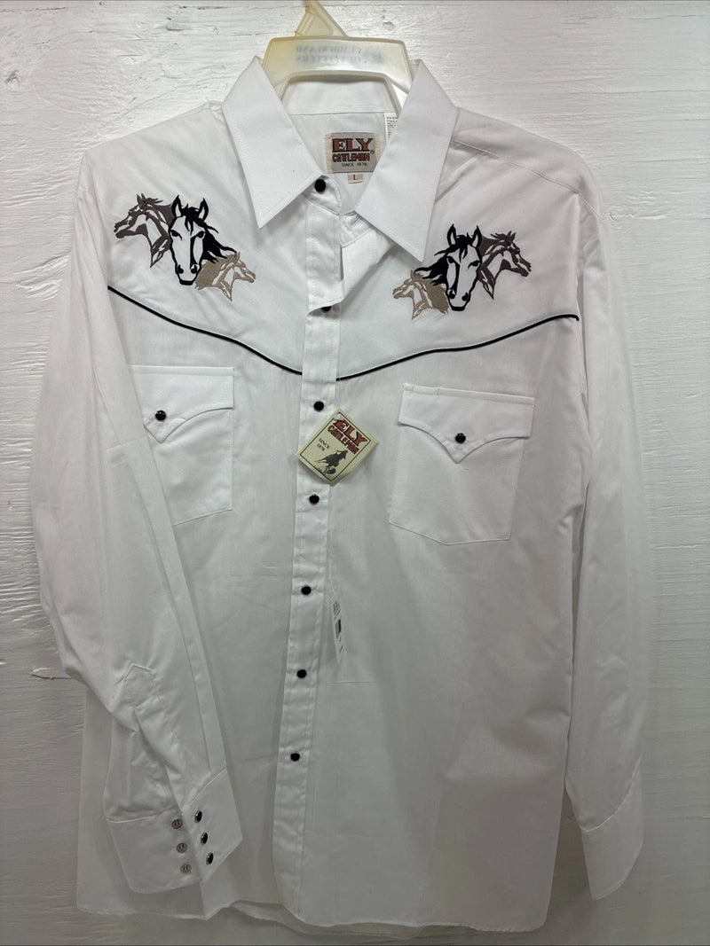New Men’s ELY Cattleman White Horse Design Long Sleeve Pearl Snap Large X-23