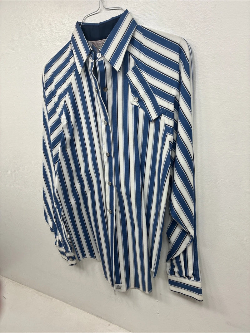 New Women’s H Bar C Blue White Stripe Long Sleeve Pearl Snap Size 30 KK-48