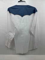 New Men’s ELY Cattleman White Blue Embroidered Long Sleeve Pearl Snap XL H-75