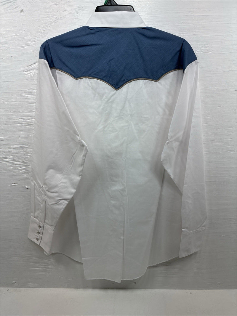 New Men’s ELY Cattleman White Blue Embroidered Long Sleeve Pearl Snap XL H-75