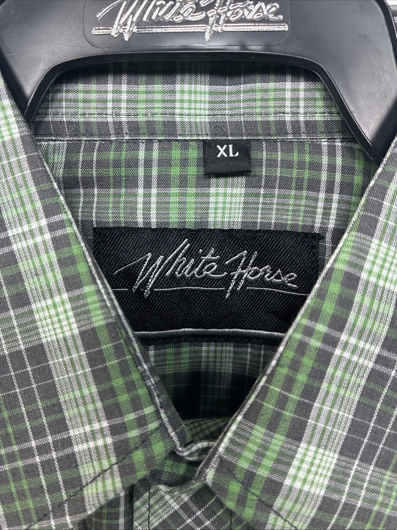 New Kids White Horse Green Plaid Long Sleeve Pearl Snap XL DD-59 