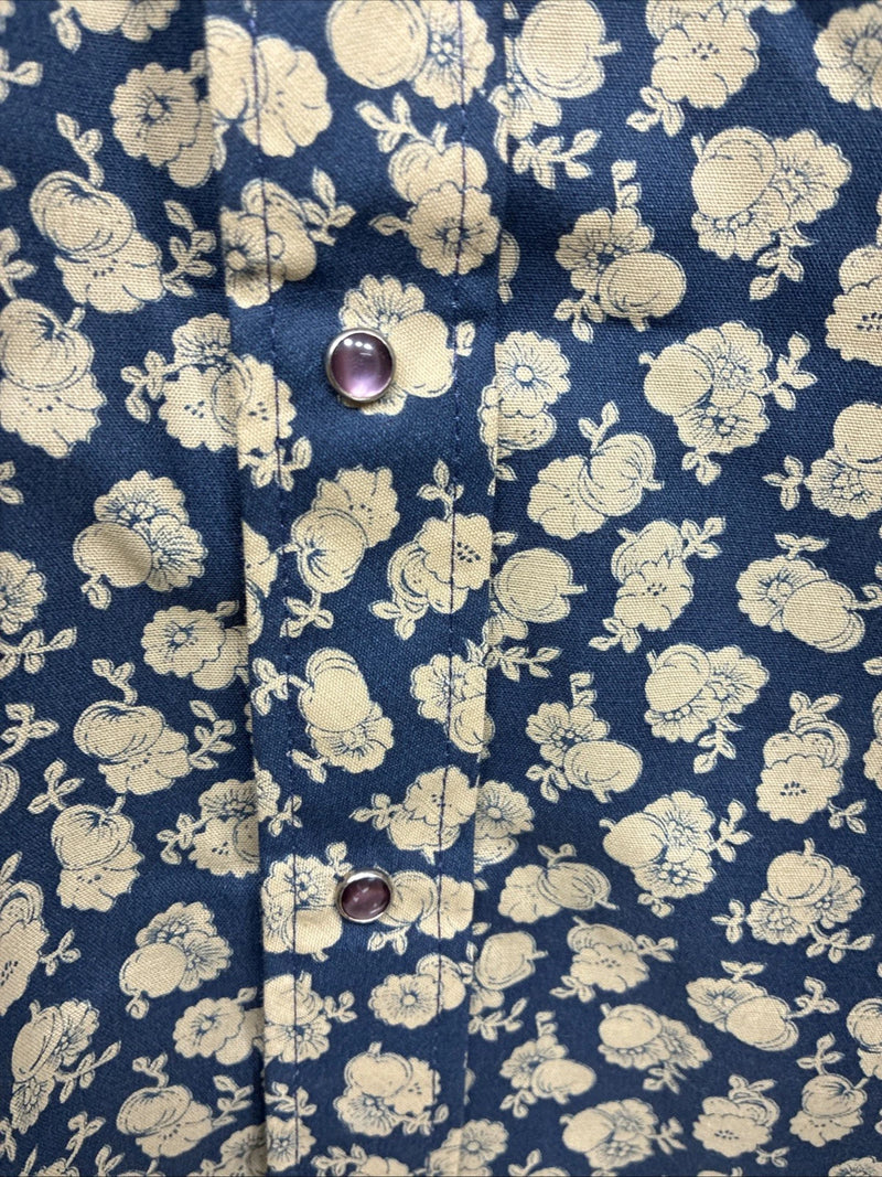 New Men’s Stockman Blue Brown Designed Long Sleeve Pearl Snap 15.5 Medium V-2