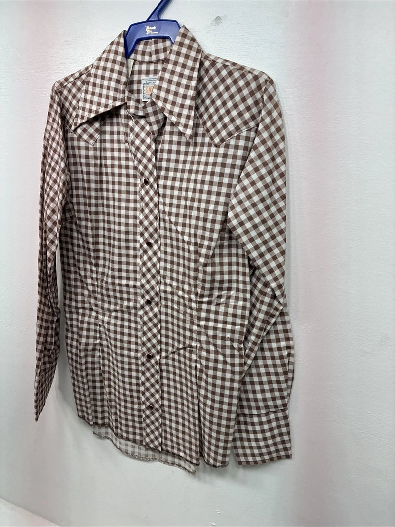 New Women’s Karman Brown Checkered Long Sleeve Pearl Snap Size 30 LL-54