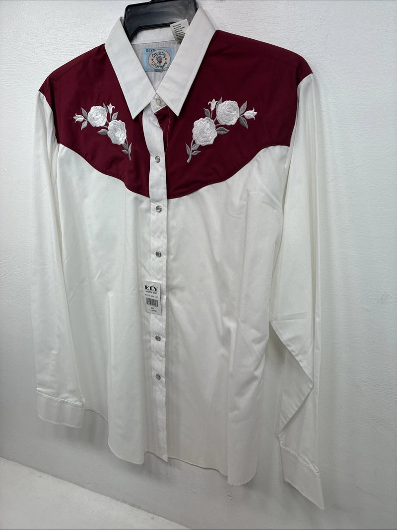 New Women’s Country Charmers White Rose Design Long Sleeve Pearl Snap XL GG-52
