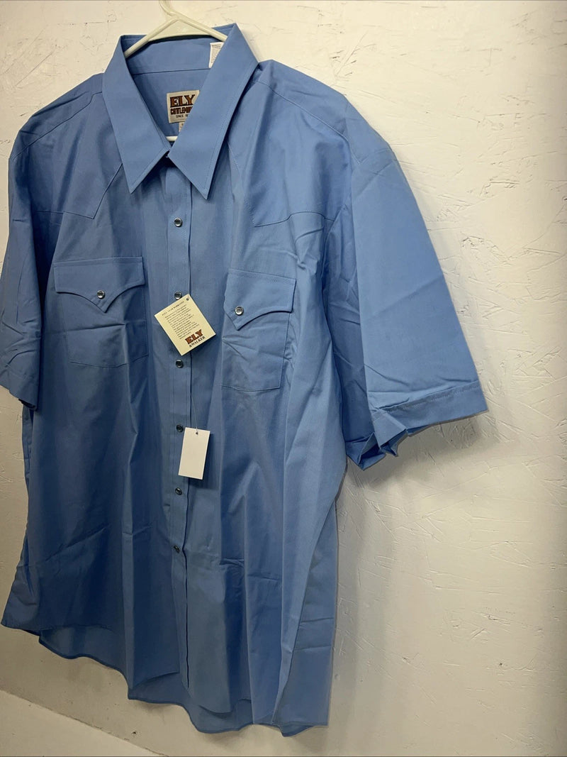 New Men’s Blue ELY Cattleman Pearl Snap Short Sleeve Shirt. 18.5 2XL P-47