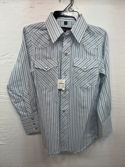 New Kids White Horse Blue stripe Long Sleeve Pearl Snap Medium DD-52