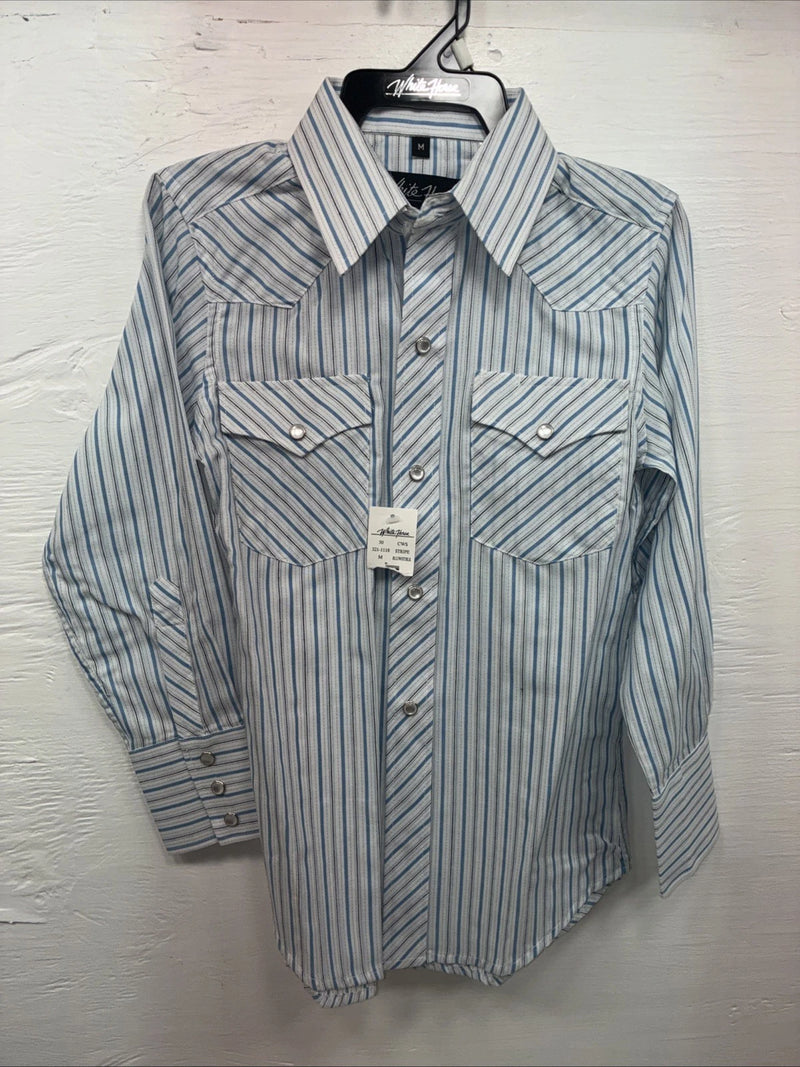 New Kids White Horse Blue stripe Long Sleeve Pearl Snap Medium DD-52
