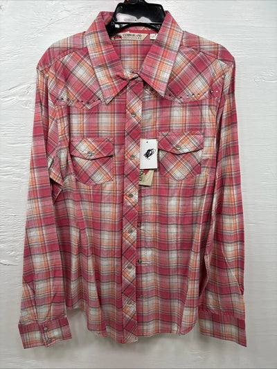 New Women’s Cumberland Pink Plaid Long Sleeve Pearl Snap Medium DD-26
