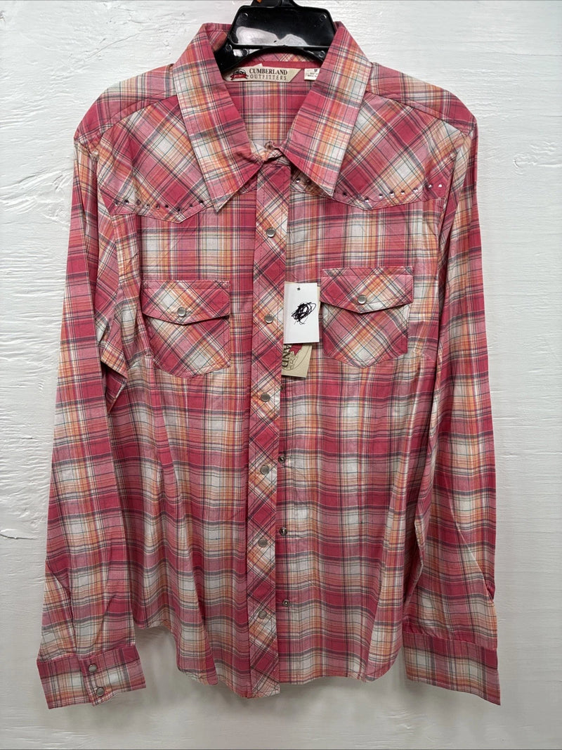 New Women’s Cumberland Pink Plaid Long Sleeve Pearl Snap Medium DD-26