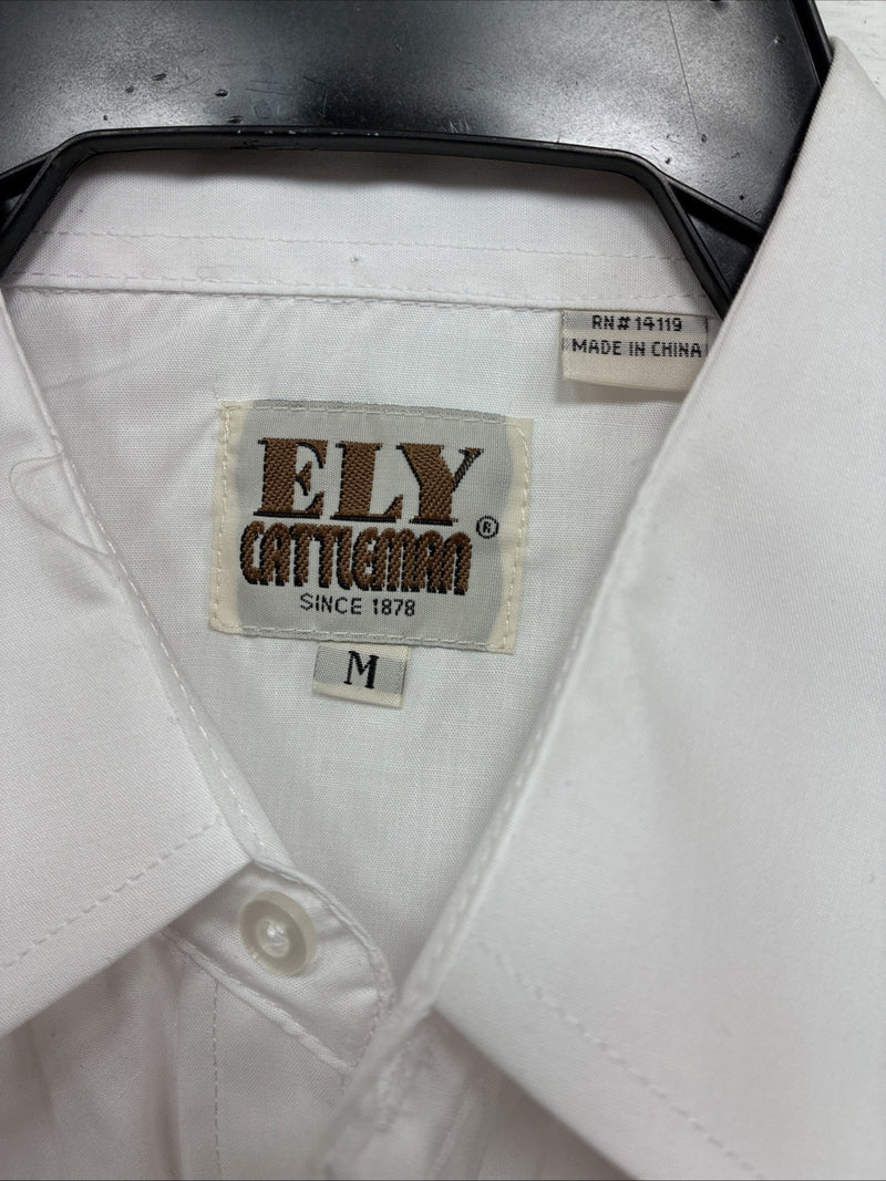 New Men’s ELY Cattleman White Red Rose Design Long Sleeve Pearl Snap Medium K-60