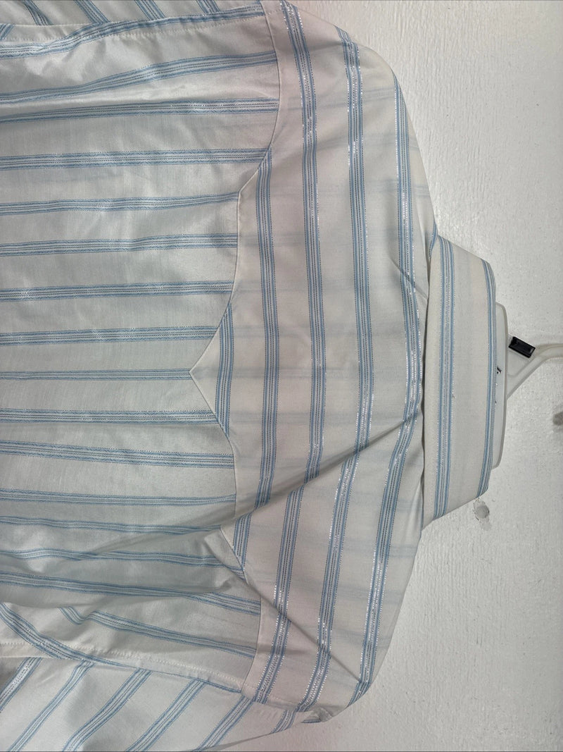 New Women’s White Horse White Blue Stripe Long Sleeve Pearl Snap Large YY-125
