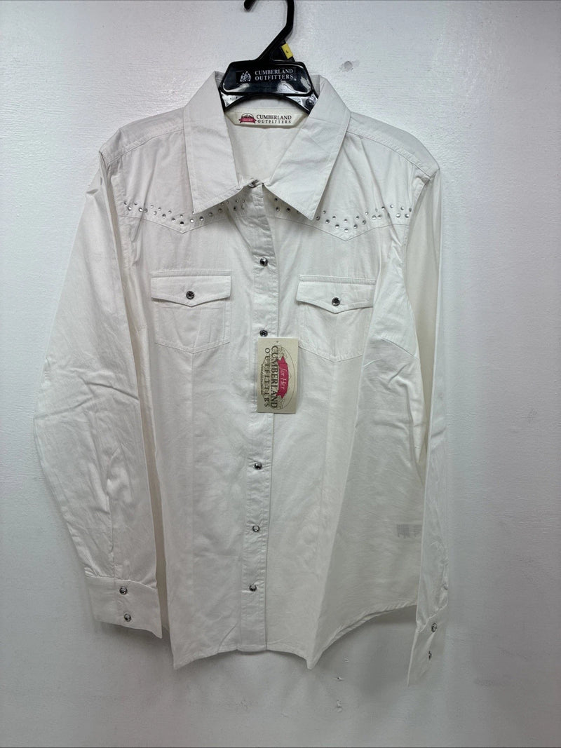 New Women’s Cumberland White Gem Long Sleeve Pearl Snap Large MM-8