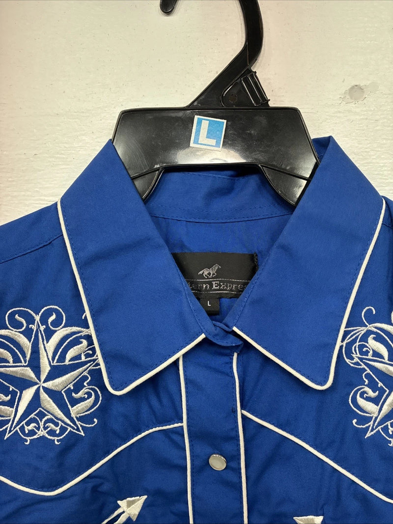 New Women’s Western Express Blue Design Long Sleeve Pearl Snap Large II-69