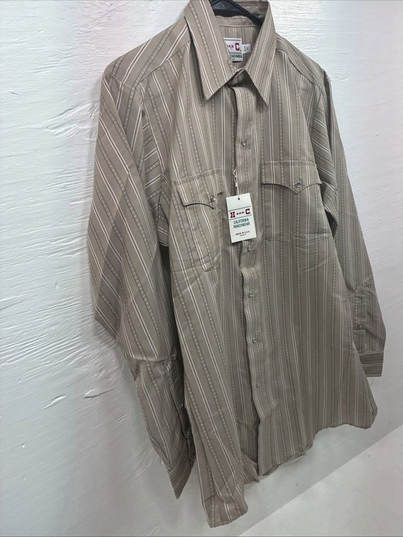 New Men’s H Bar C Brown Stripe long Sleeve Pearl Snap 15.5 Medium T-74