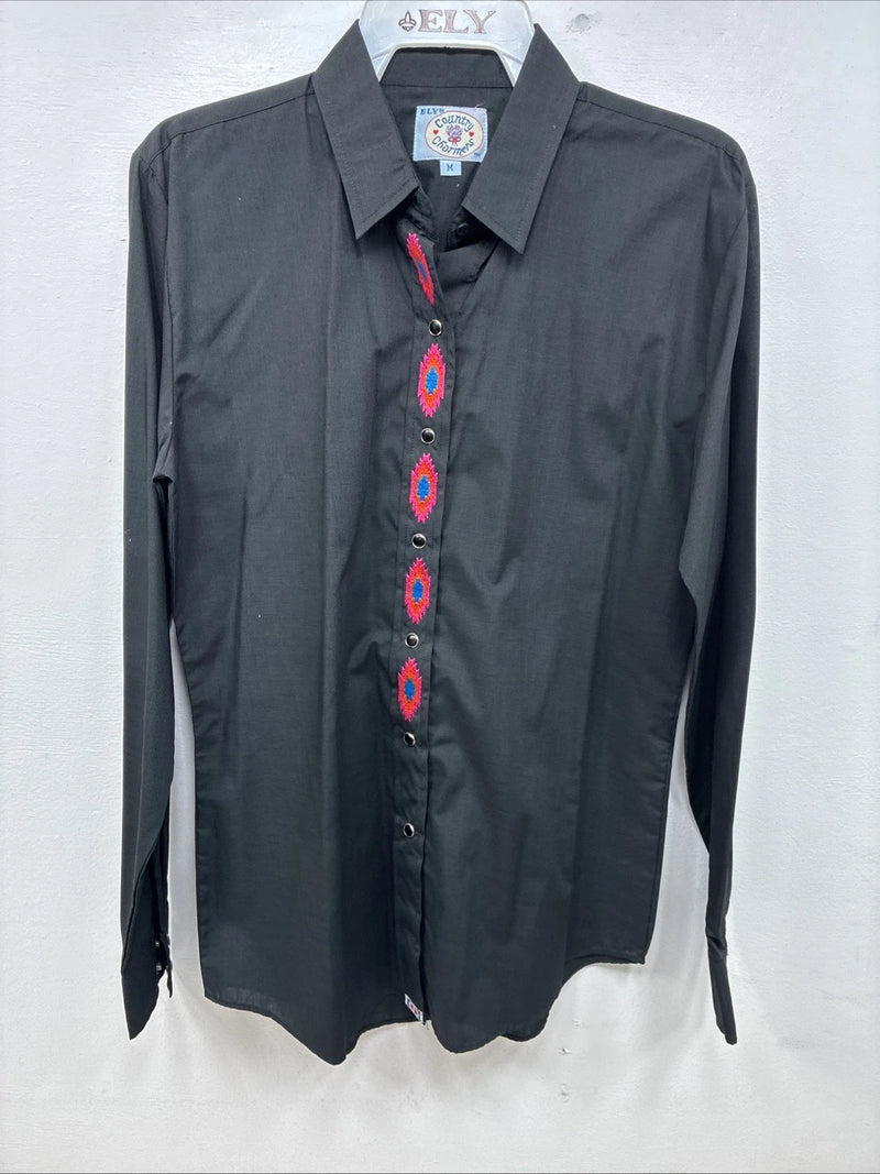 New Women’s Country Charmer Black Designed Long Sleeve Pearl Snap Medium YY-103
