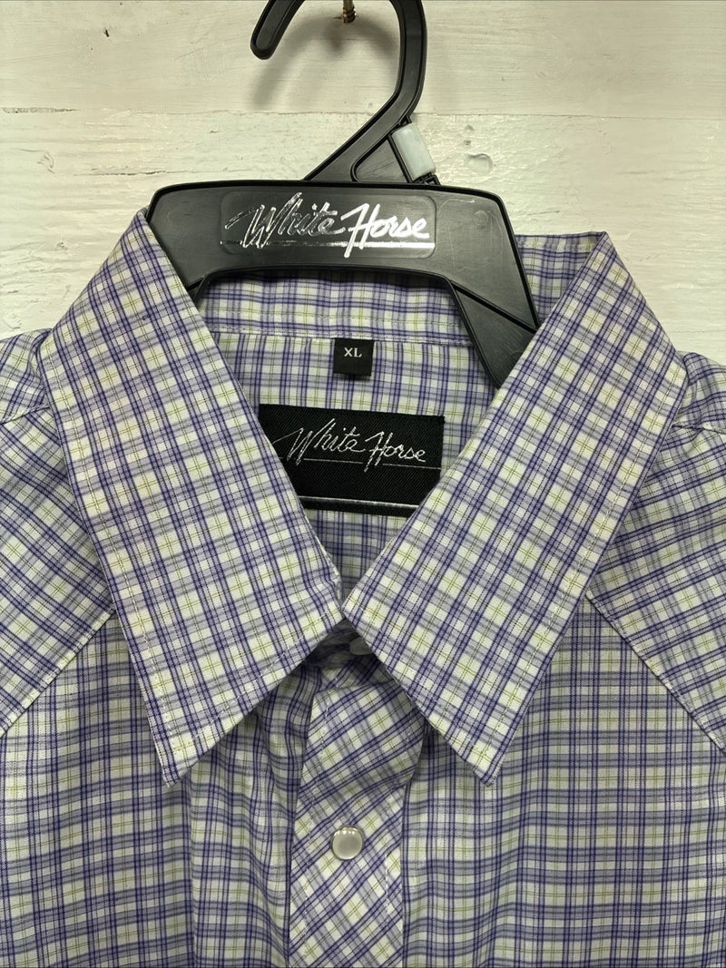 New Men’s White Horse Purple Plaid Long Sleeve Pearl Snap XL M-70
