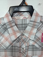 New Women’s Cumberland Gray Pink Plaid Short Sleeve Pearl Snap Medium LL-106