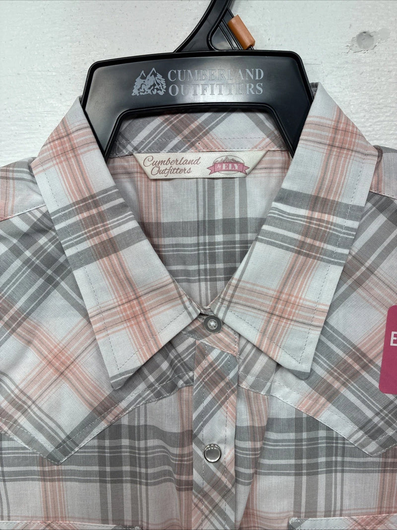 New Women’s Cumberland Gray Pink Plaid Short Sleeve Pearl Snap Medium LL-106