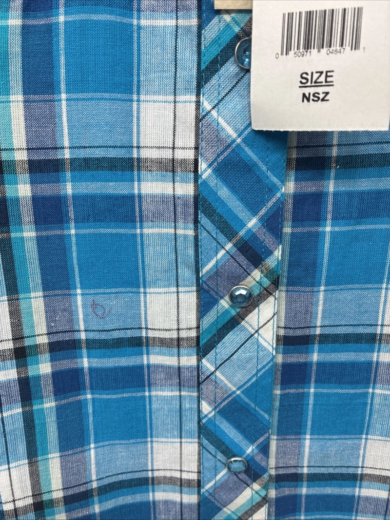 New Women’s Cumberland Blue Plaid Long Sleeve Pearl Snap XL GG-63