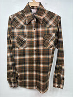New Women’s Panhandle Slim Brown Plaid Long Sleeve Pearl Snap Size 34 MM-57