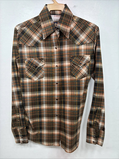 New Women’s Panhandle Slim Brown Plaid Long Sleeve Pearl Snap Size 34 MM-57