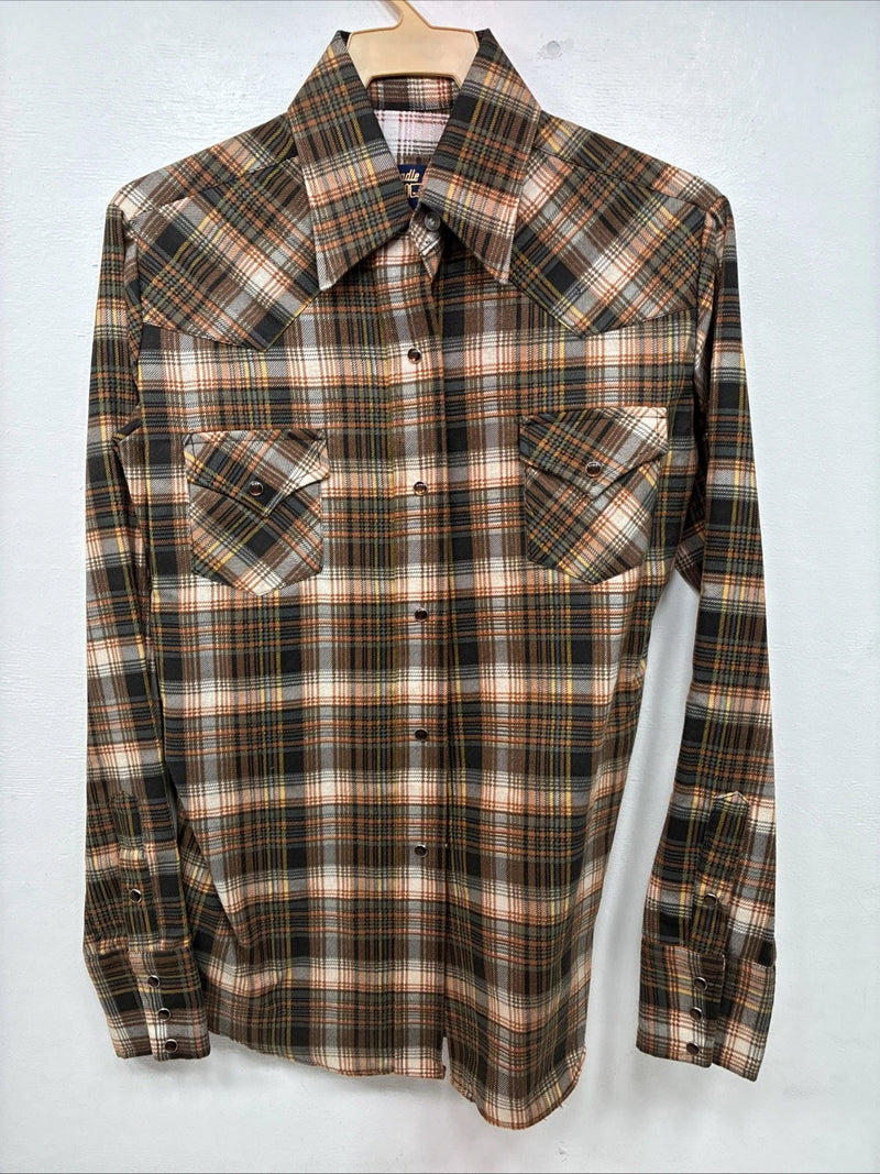 New Women’s Panhandle Slim Brown Plaid Long Sleeve Pearl Snap Size 34 MM-57
