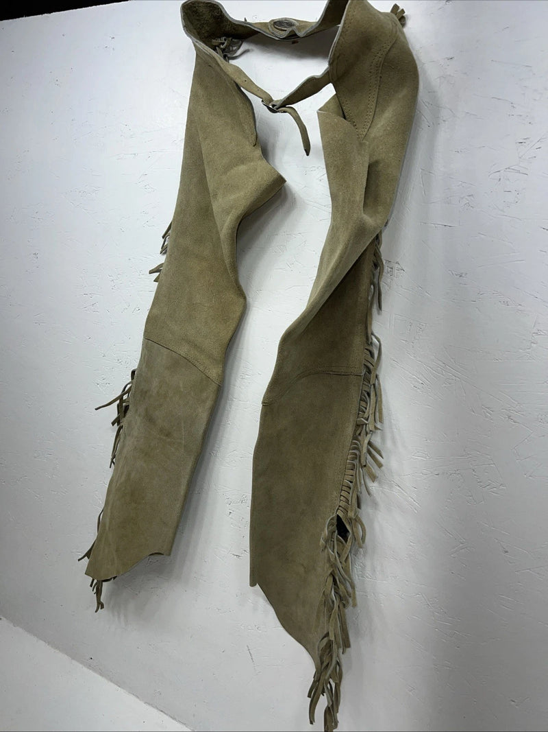 NOS Tan Show Chaps With Fringe Adjustable Waist 33” L-27