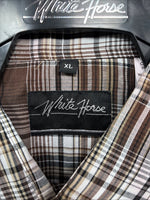 New Men’s White Horse Brown Plaid Long Sleeve Pearl Snap XL O-48