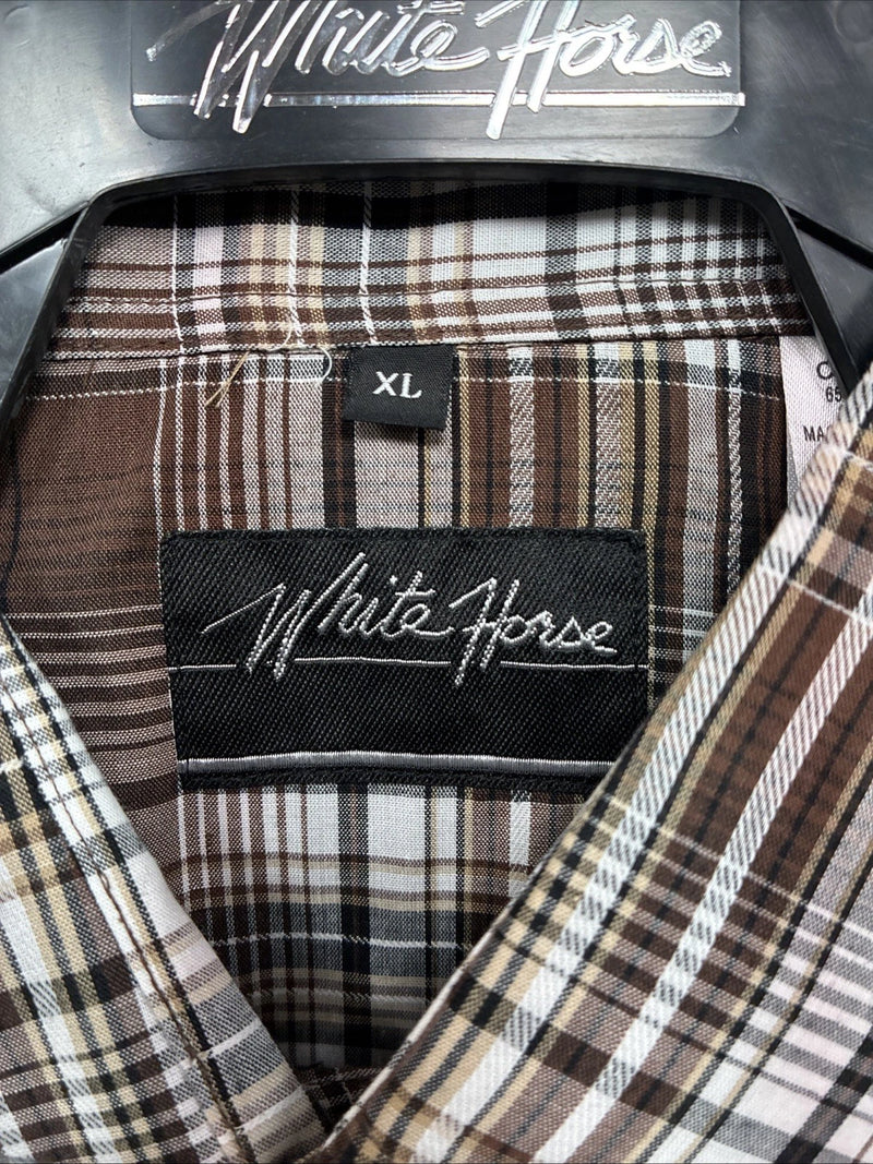 New Men’s White Horse Brown Plaid Long Sleeve Pearl Snap XL O-48
