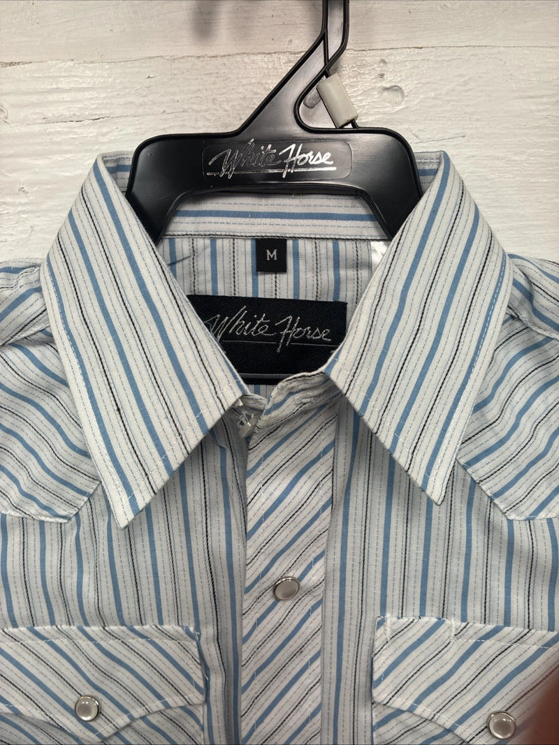 New Kids White Horse Blue stripe Long Sleeve Pearl Snap Medium DD-52