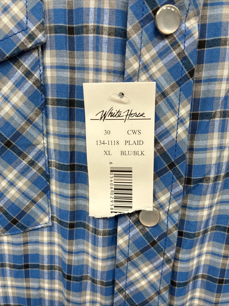 New Men’s White Horse Blue Plaid Long Sleeve Pearl Snap XL O-43