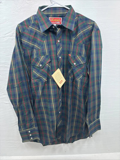 New Men’s ELY Plains Green Plaid Long Sleeve Pearl Snap 16.5 X 34 Large R-19