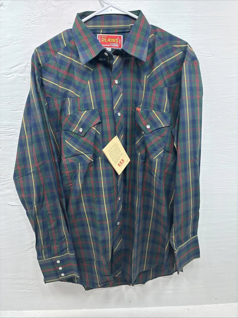 New Men’s ELY Plains Green Plaid Long Sleeve Pearl Snap 16.5 X 34 Large R-19