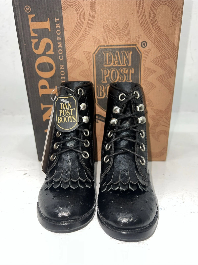 New Infants Black Ostrich Print Lace Up Dan Post Cowboy Boots. 5.5 5 1/2 D. 24-6