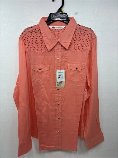 New Women’s Cumberland Pink Designed Long Sleeve Pearl Snap Large II-99