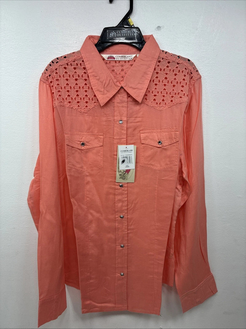 New Women’s Cumberland Pink Designed Long Sleeve Pearl Snap Large II-99