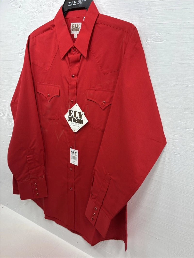 New Men’s ELY Cattleman Red Simple Long Sleeve Pearl Snap 17 XL O-70