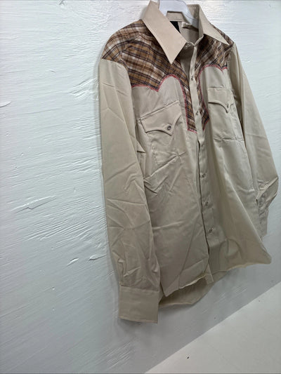 New Men’s Champion Westerns Brown Plaid Long Sleeve Pearl Snap Medium O-25