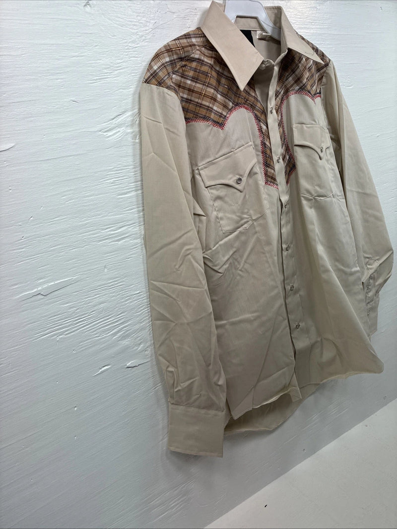New Men’s Champion Westerns Brown Plaid Long Sleeve Pearl Snap Medium O-25