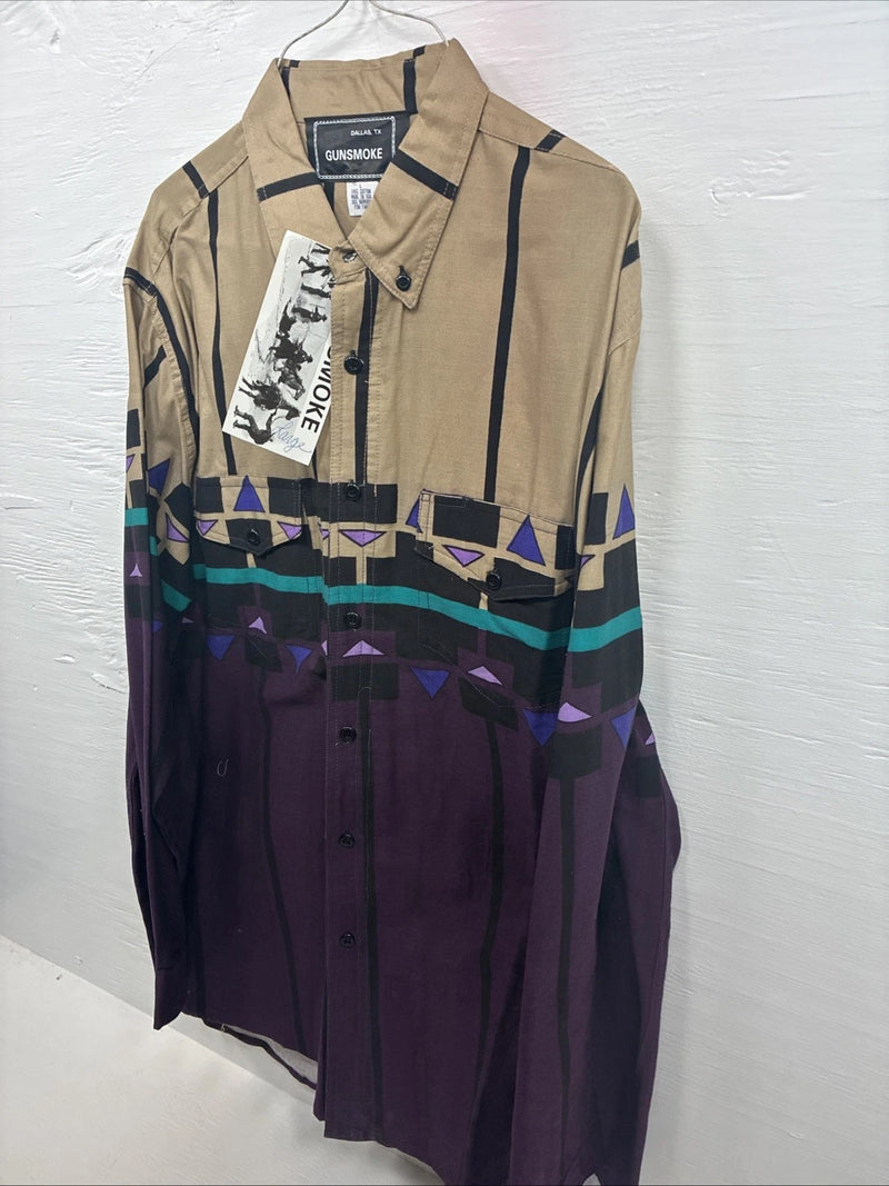 New Men’s GunSmoke Purple Tan Design Long Sleeve Button Up Large X-5