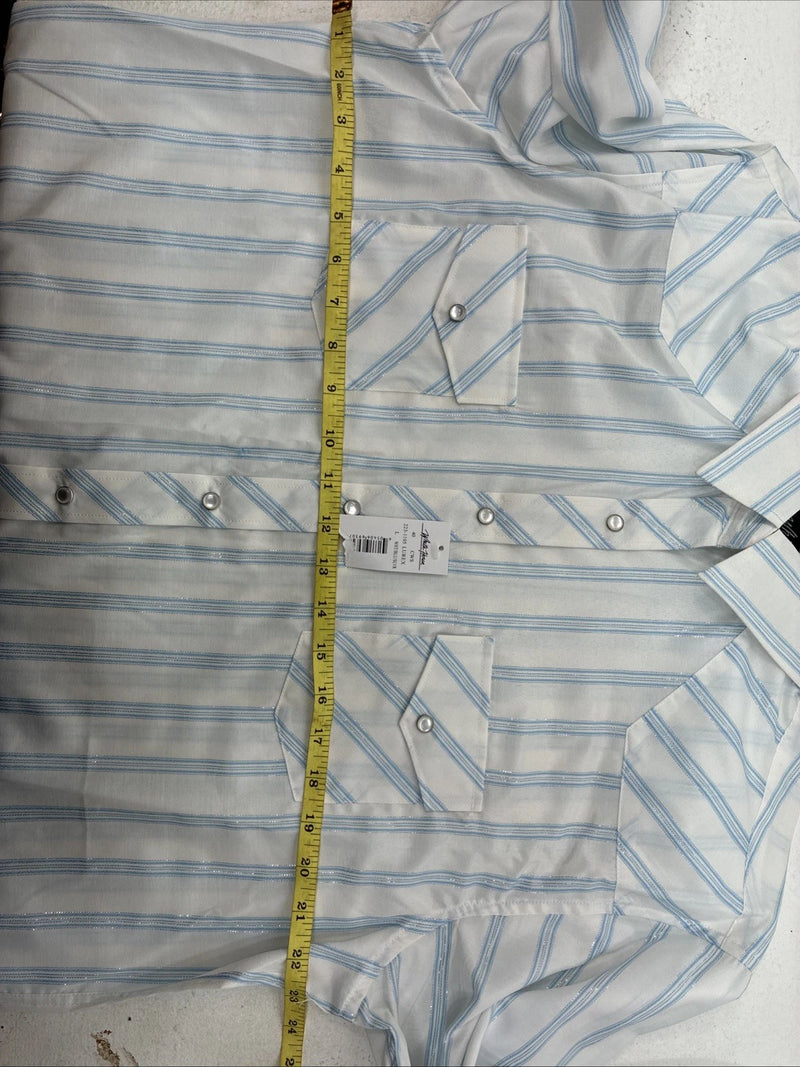 New Women’s White Horse White Blue Stripe Long Sleeve Pearl Snap Large YY-125