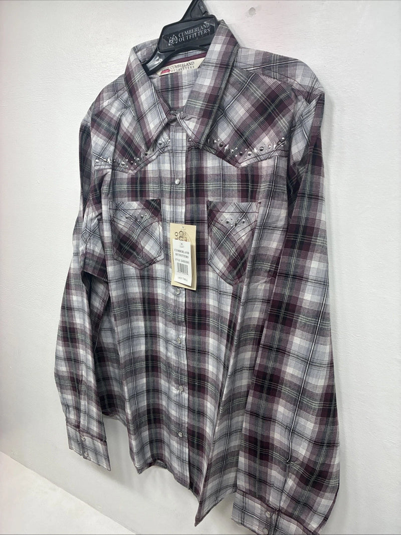 New Women’s Cumberland Purple Plaid Long Sleeve Pearl Snap Size 1X GG-10