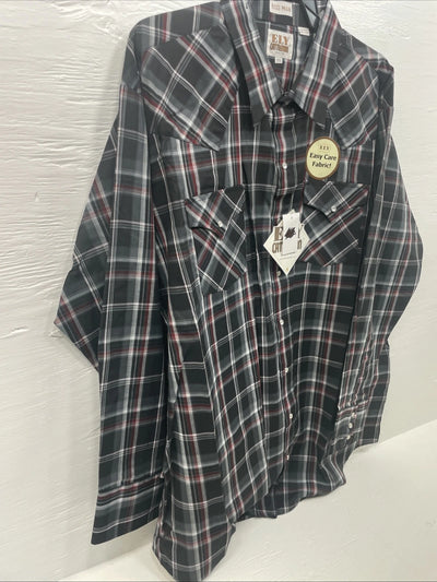 New Men’s ELY Cattleman Black Red Long Sleeve Pearl Snap 3XL E-33