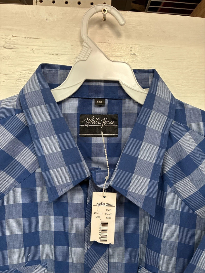 New Men’s White Horse Blue Checkered Short Sleeve Pearl Snap 2XL H-68