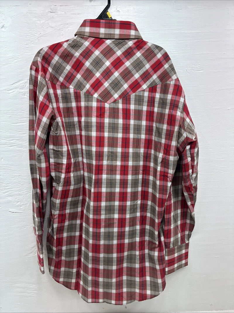 New Men’s ELY Plains Red Brown Plaid Long Sleeve Pearl Snap Medium X-42
