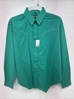 New Women’s White Horse Green Gem Long Sleeve Pearl Snap Large II-74