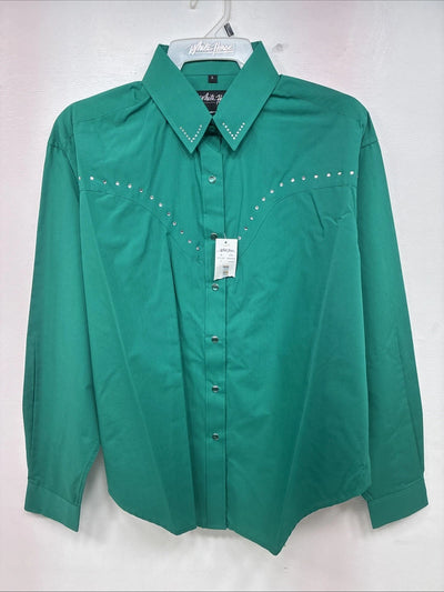 New Women’s White Horse Green Gem Long Sleeve Pearl Snap Large II-74