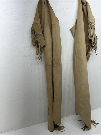 New Tan Congress Leather Show Chaps With Fringe Adjustable Waist 44” L-51