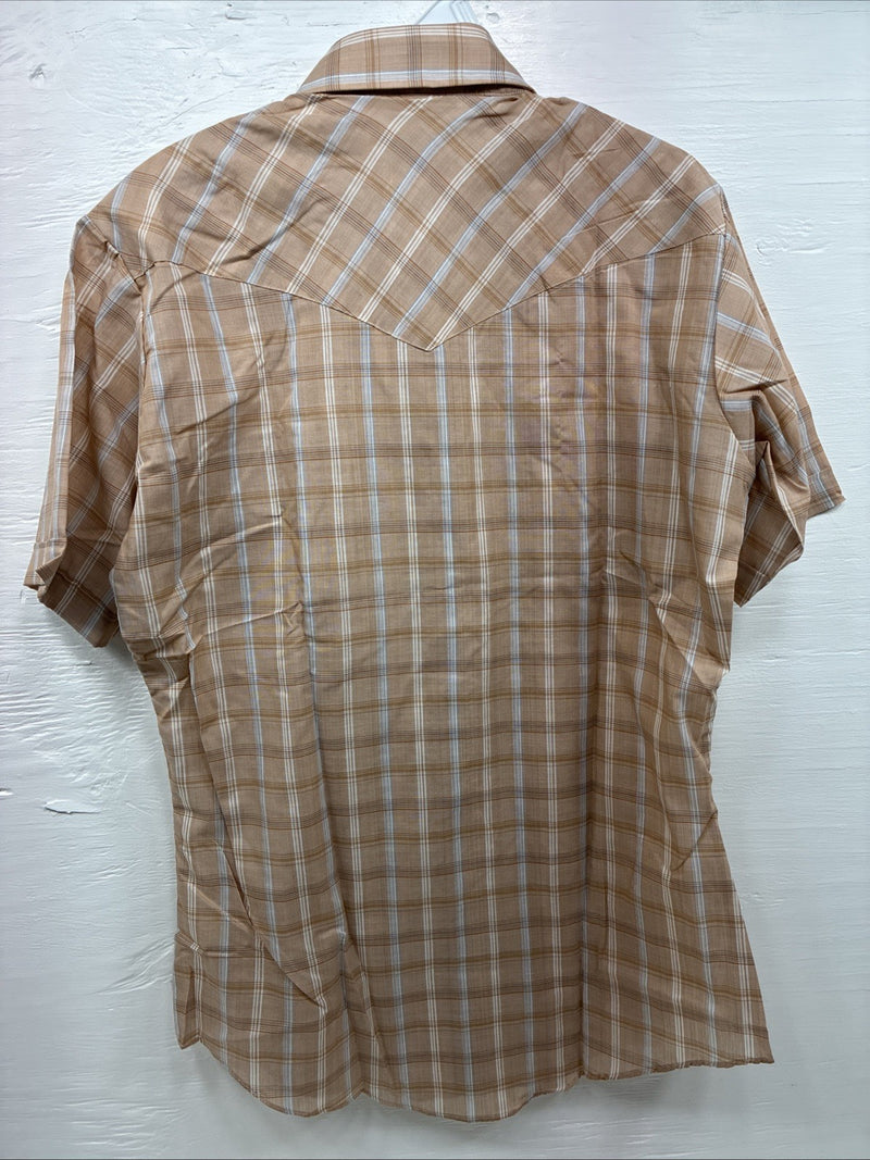 New Men’s ELY Cattleman Tan Plaid Short Sleeve Pearl Snap Medium Short K-70