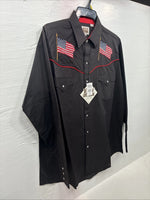 New Men’s ELY Cattleman Black Flag Design Long Sleeve Pearl Snap Large T-58